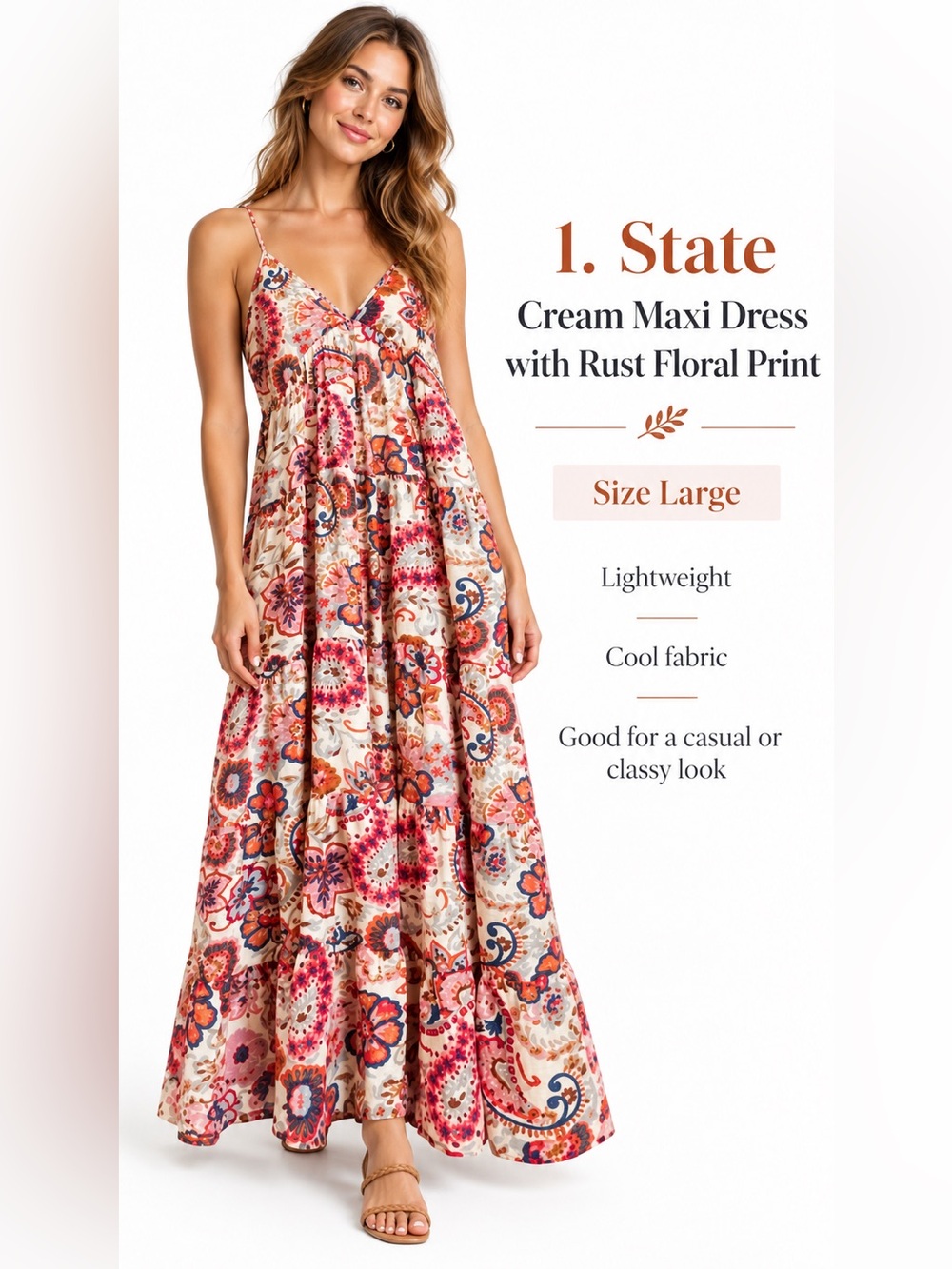 1. State Cream Maxi Dress with Rust Floral Print - Large